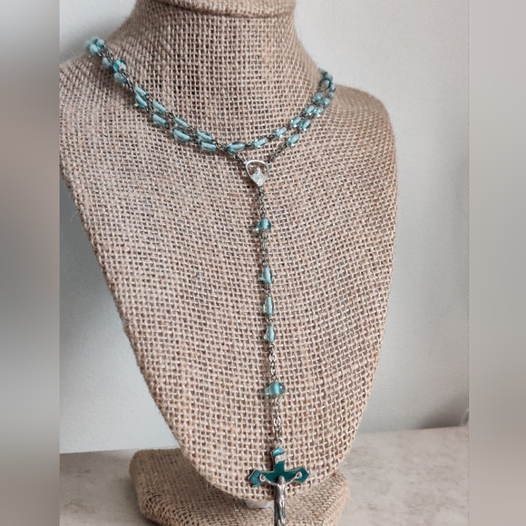 Vintage Blue Glass Rosary Enamel Crucifix INRI - Picture 5 of 13